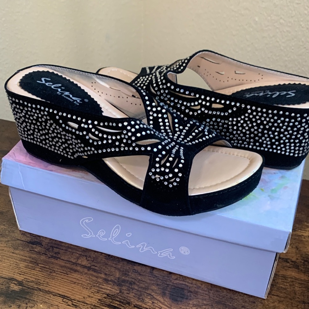 Selina Black and White Women's Wedge Sandals